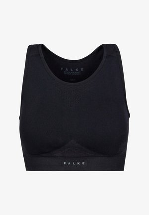 Zwarte naadloze sportbeha met brede schouderbanden, racerback-ontwerp en subtiel ventilatiepatroon onder de halslijn, voorzien van het label "FALKE" aan de voorkant en binnenin.