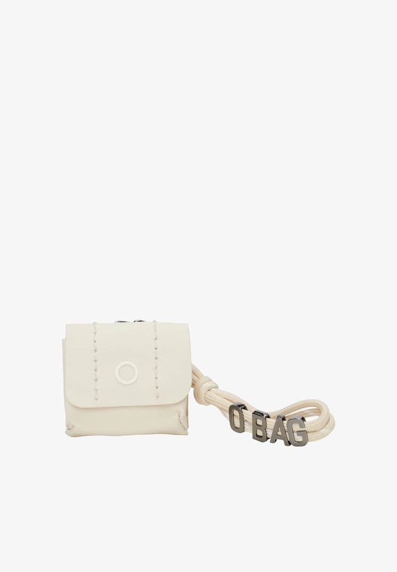 White rubber handbag with a flap closure, featuring decorative stitching, a circular accent, and a durable cord strap with "O BAG" lettering.