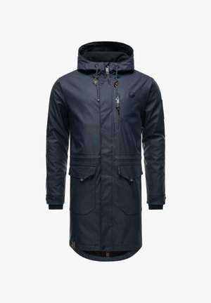 Marineblauwe waterdichte parka met een capuchon met trekkoord, twee voorzakken, een ritssluiting op de borst en elastische manchetten voor een veilige pasvorm.