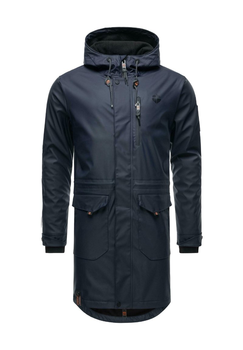 Parka impermeabile navy con cappuccio regolabile, due tasche frontali, tasca sul petto con zip e polsini elasticizzati per una vestibilità sicura.
