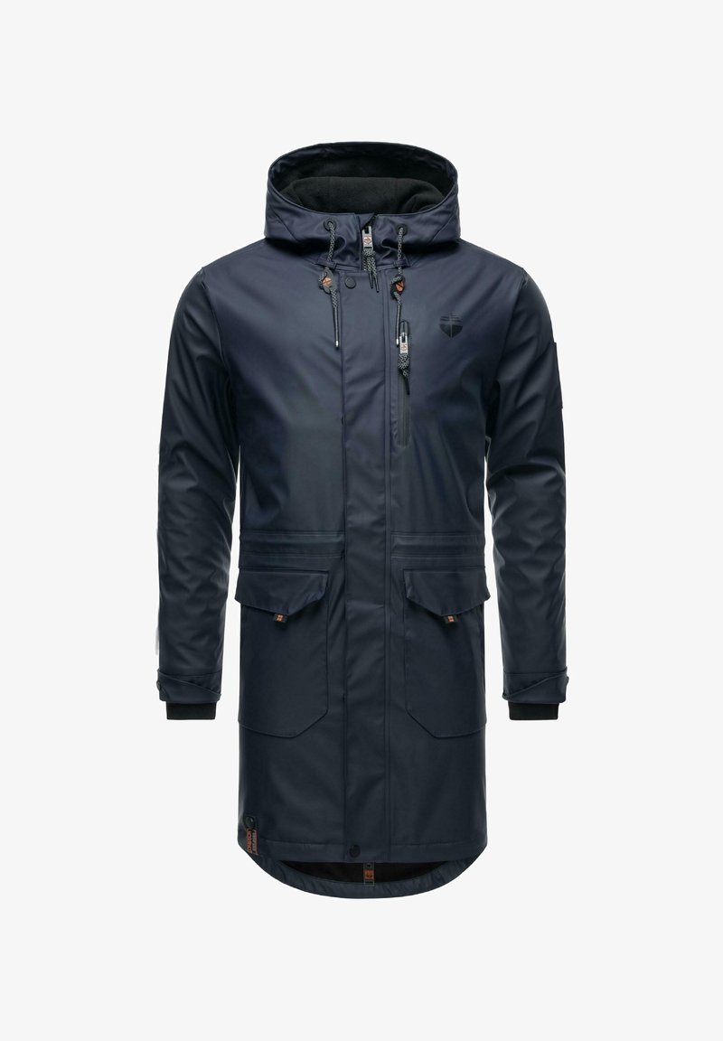 Laivaston vedenpitävä parka, jossa on kiristettävä huppu, kaksi etutaskua, vetoketjullinen rintatasku ja elastiset hihansuut tukevan istuvuuden takaamiseksi.