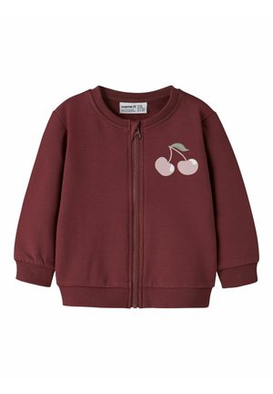 Burgundy baby jacket with front zipper and light pink cherry graphic with green leaf on left chest, ribbed cuffs and hem.