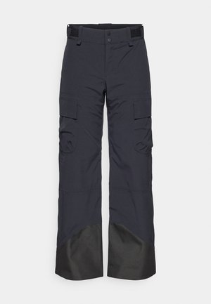 Dark gray cargo trousers with double buttons, velcro waistband, and reinforced black lower sections. Features multiple side pockets and a straight leg.