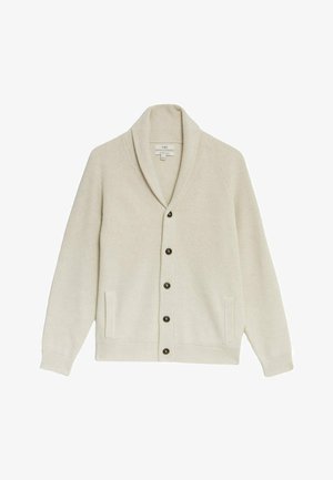 Beige ribbed cardigan with a shawl collar, five dark buttons, two side pockets, and textured fabric.
