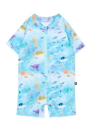 Combinaison de bain bébé à manches courtes avec fermeture éclair devant, présentant un motif bleu de poissons sous-marins avec divers poissons tropicaux colorés.