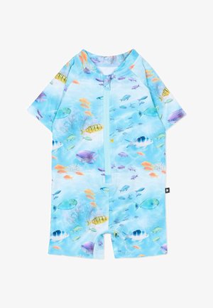 Tuta da bagno per bambini a maniche corte con cerniera frontale, con motivo di pesci blu sottomarini e vari pesci tropicali colorati.