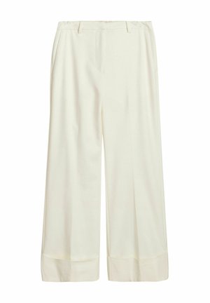 Pantalons larges couleur crème avec taille haute, comportant des plis sur le devant et un ourlet à revers, fabriqués à partir d'un tissu lisse et léger.