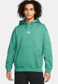 Grön bomullshuvtröja med framficka, justerbar dragsko och liten logotyp på bröstet. Slät textur och avslappnad passform.