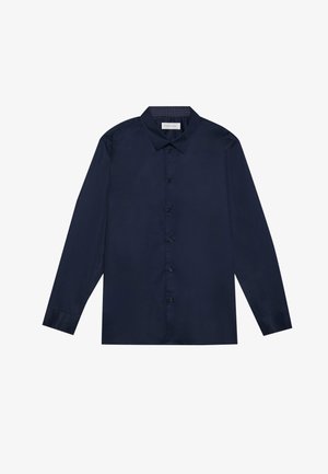Chemise à manches longues bleu marine en tissu lisse, avec un devant à boutons, un col, et un intérieur à motif contrasté.