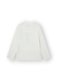 Camisa de manga larga de tejido beige claro, con cuello redondo y hombros sin costuras, con un respaldo liso y textura suave.