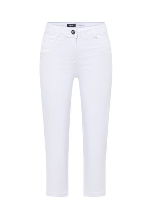 Weiße kurze Jeanshose mit Vorderknopf, Reißverschluss und Gürtelschlaufen, mit dem Label "Cecil" am inneren Bund.