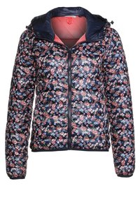 Giacca puffer floreale blu navy con un design trapuntato, caratterizzata da motivi rosa e blu. Include un cappuccio e una zip frontale completa.