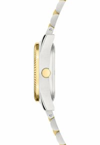 Silber- und goldfarbene Uhr mit einem Edelstahlarmband, strukturiertem Lünette und runden Gehäuse. Klare Glaskristall, seitliche Krone für Anpassungen.