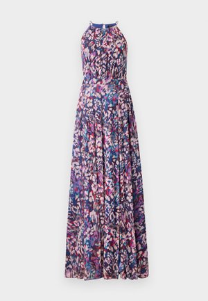 Maxikleid mit Halsbinde, lebhaftem Blumenmuster in Blau-, Pink- und Lila-Tönen, mit tailliertem Oberteil und ausgestelltem Rock.