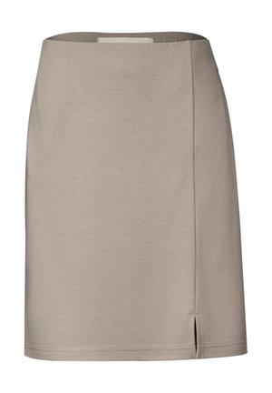 Gonna mini beige realizzata in tessuto morbido. Presenta una texture liscia, un taglio dritto e una fessura laterale per un tocco di dettaglio.
