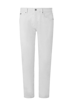 Białe dżinsy bawełniane o prostym kroju, pięć kieszeni, z przodem zapinanym na guzik i zamek błyskawiczny oraz subtelnym logo na pasku.