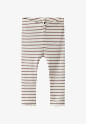 Leggings rayés en beige et lilas clair, en matériaux côtelés avec une taille élastique et une coupe ajustée, idéals pour un usage décontracté.