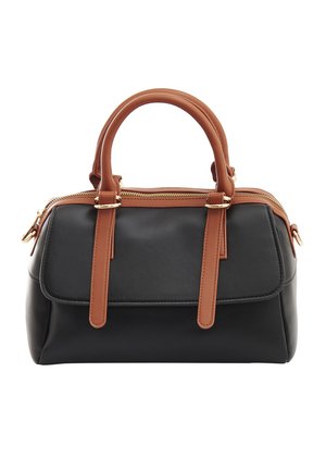 Schwarze Lederhandtasche mit strukturiertem Design, hellbraunen Lederelementen, doppelten Tragegriffen und goldenen Reißverschlussdetails.