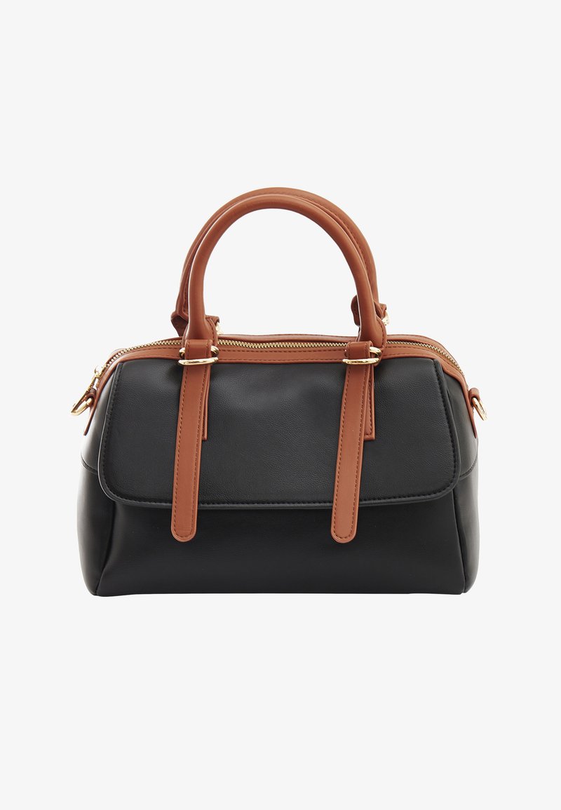 Fekete bőr kézitáska struktúrált dizájnnal, barna bőr díszítésekkel, dupla fülekkel és aranyzipzárral.