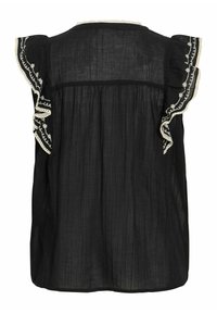 Blouse noire sans manches en tissu transparent, avec des manches à volants brodées de motifs floraux blancs et de bordures en dentelle.