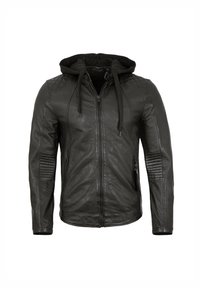 Schwarze Lederjacke mit durchgehendem Reißverschluss, passender Kapuze, gesteppter Schulterakzente und strukturierten Seitenpaneelen. Verfügt über zwei Reißverschlusstaschen.