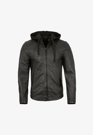 Schwarze Lederjacke mit durchgehendem Reißverschluss, passender Kapuze, gesteppter Schulterakzente und strukturierten Seitenpaneelen. Verfügt über zwei Reißverschlusstaschen.