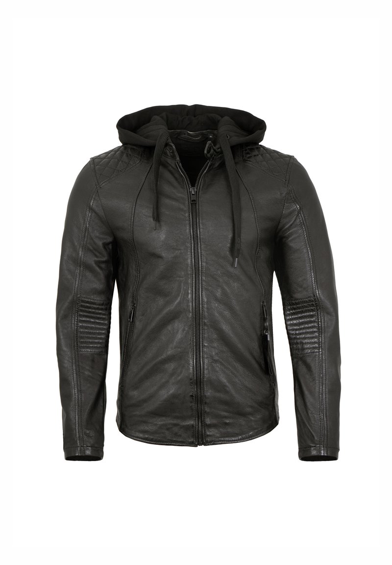 Schwarze Lederjacke mit durchgehendem Reißverschluss, passender Kapuze, gesteppter Schulterakzente und strukturierten Seitenpaneelen. Verfügt über zwei Reißverschlusstaschen.