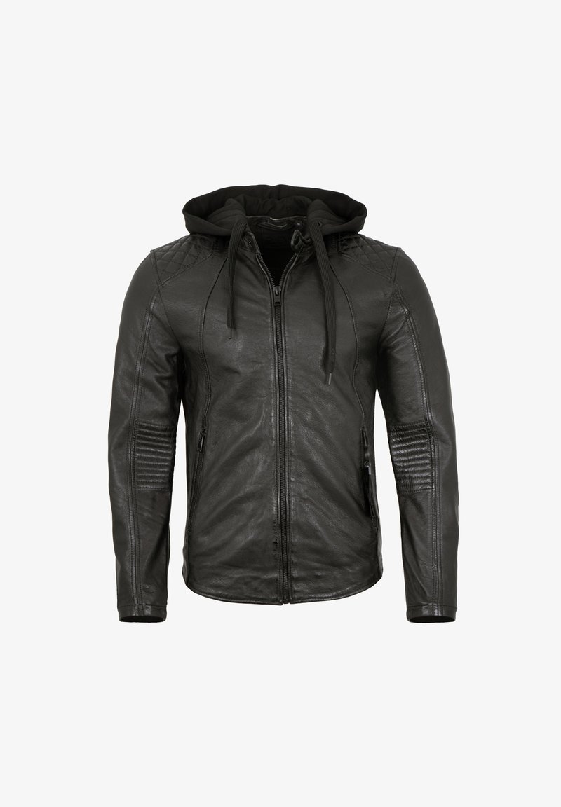 Schwarze Lederjacke mit durchgehendem Reißverschluss, passender Kapuze, gesteppter Schulterakzente und strukturierten Seitenpaneelen. Verfügt über zwei Reißverschlusstaschen.