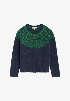 Cárdigan de punto en azul marino oscuro con un patrón geométrico verde en la sisa. Presenta cinco botones marrones y puños y dobladillo acanalados. Mezcla de lana texturizada.