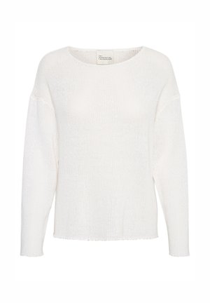 Baltas megztinis su apvalia iškirpte, ilgomis rankovėmis ir tiesiu siluetu. Pabrėžiamas subrinkęs apdailos kraštas ir minkšta, tekstūrinė medžiaga.
