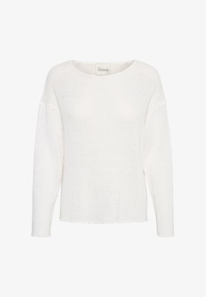 Baltas megztinis su apvalia iškirpte, ilgomis rankovėmis ir tiesiu siluetu. Pabrėžiamas subrinkęs apdailos kraštas ir minkšta, tekstūrinė medžiaga.