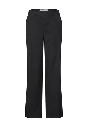 Pantalons larges noirs avec une finition en tissu lisse, présentant une taille plate et sans fermetures ni poches visibles.