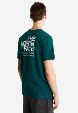 Hombre con una camiseta verde oscuro de The North Face con gráfico de montaña blanca y texto "Never Stop Exploring" en la parte trasera, de espaldas.