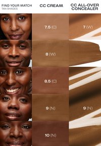 CC-crème en concealer stalen op huidtinten variërend van licht tot donkerbruin, met verschillende ondertonen gemarkeerd als C, W en N.
