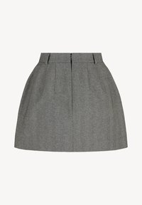 Grijze houndstooth rok met een uitlopende silhoutte, met plooien, zijzakken en een verborgen ritssluiting aan de achterkant. Gegevens met een textuurafwerking.