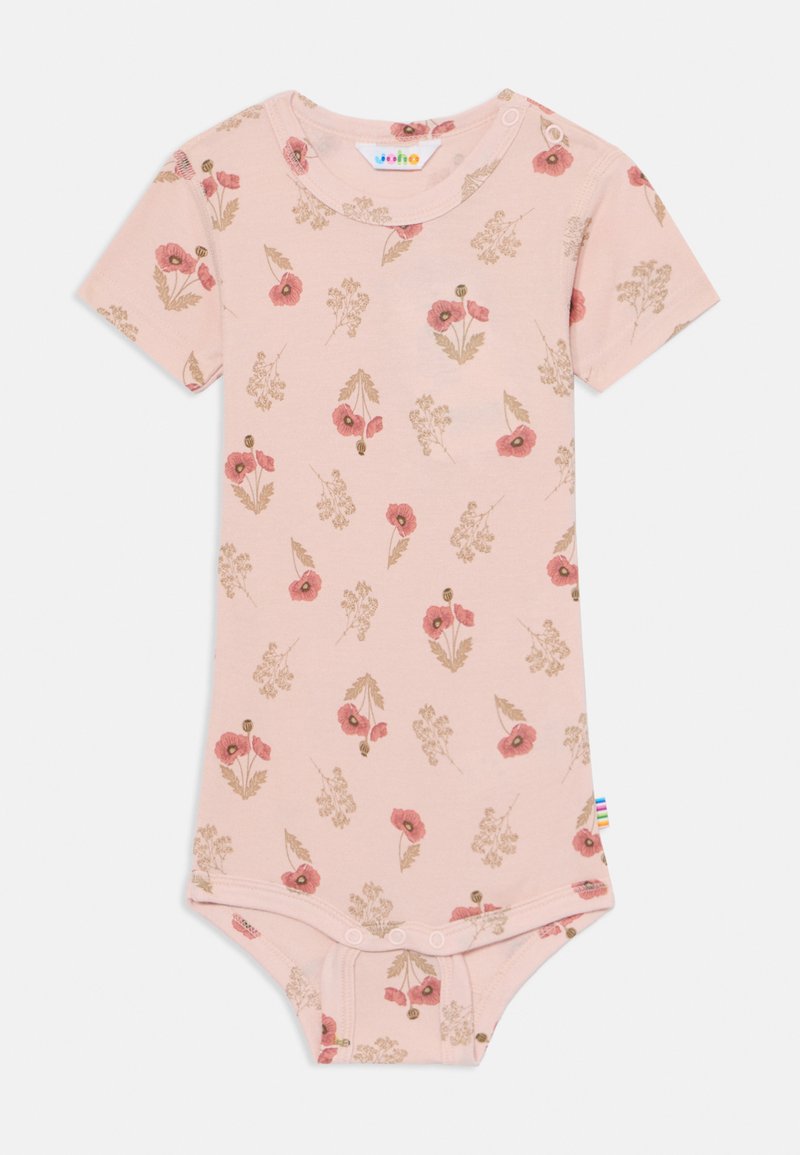 Rožinė trumpomis rankovėmis kūdikio kombinezonas su gėlių raštu, kuriame pavaizduoti raudoni aguonų žiedai ir smėlio spalvos akcentai. Pagamintas iš minkštos medžiagos, su spaudėmis lengvam apsirengimui.