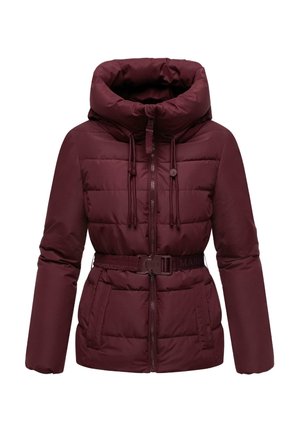 Giacca imbottita bordeaux con colletto alto, zip frontale, coulisse, vita con cintura e due tasche laterali.
