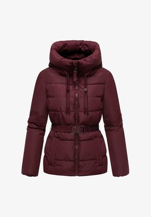 Giacca imbottita bordeaux con colletto alto, zip frontale, coulisse, vita con cintura e due tasche laterali.