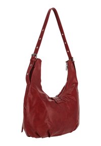 Borsa a tracolla in pelle rossa dal design morbido. Presenta dettagli in metallo color argento, chiusura con cerniera e cuciture decorative.