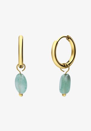 Gold hoop earrings with a light green oval stone suspended below. The stone features a smooth texture and subtle color variations.