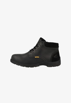 Black leather ankle boot with lace-up front, padded collar, textured sole, and subtle yellow stitching detail on the side.
