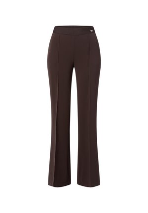 Pantalons évasés marron en matériau extensible, dotés d'une large ceinture et de deux détails de couture verticaux sur le devant.