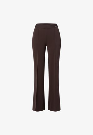 Pantalons évasés marron en matériau extensible, dotés d'une large ceinture et de deux détails de couture verticaux sur le devant.