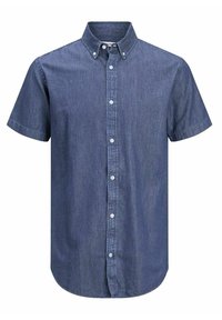 Modrá džínová košile s krátkým rukávem a límečkem na knoflíky, vybavená předním zapínáním na knoflíky a zakřiveným spodním lemem. Hladká textura.