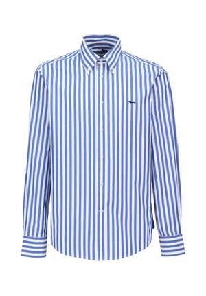Pruhovaná košeľa na gombíky s modro-bielymi zvislými pruhmi, dlhými rukávmi, špicatým golierom a malým logom na hrudi.