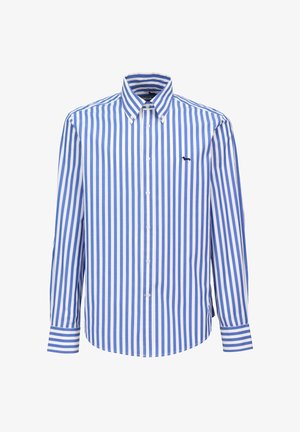 Gestreept overhemd met knopen, voorzien van verticale blauw-witte strepen, lange mouwen, een puntige kraag en een klein logo op de borst.