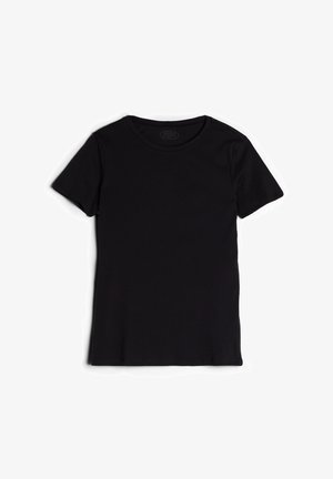 Black short-sleeve t-shirt made from soft cotton. Features a round neckline and a smooth, even texture with no visible patterns or embellishments.