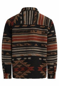 Overhemd met lange mouwen en een kraag, met een zwarte basis versierd met ingewikkelde patronen in rood, bruin, beige en grijs. Getextureerde stof.