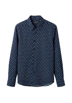 Camicia blu navy a maniche lunghe con bottoni, motivi diagonali bianchi e colletto classico.