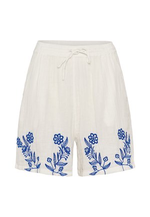 Balti medvilniniai šortai su elastine liemene ir raišteliu, puoštų mėlynu gėlių siuvinėjimu palei apatinę abiejų kojų kraštą.